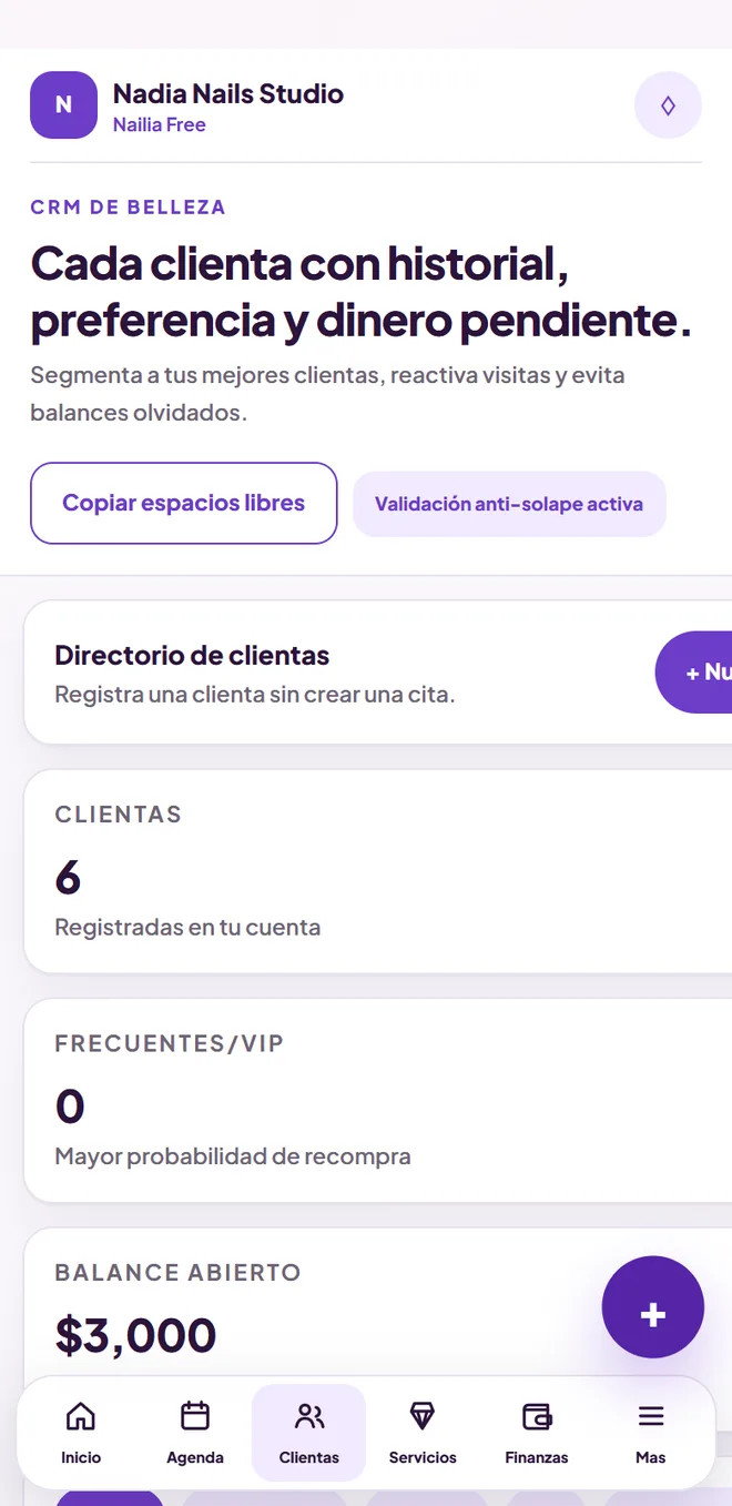 Pantalla de Clientas en Nailia