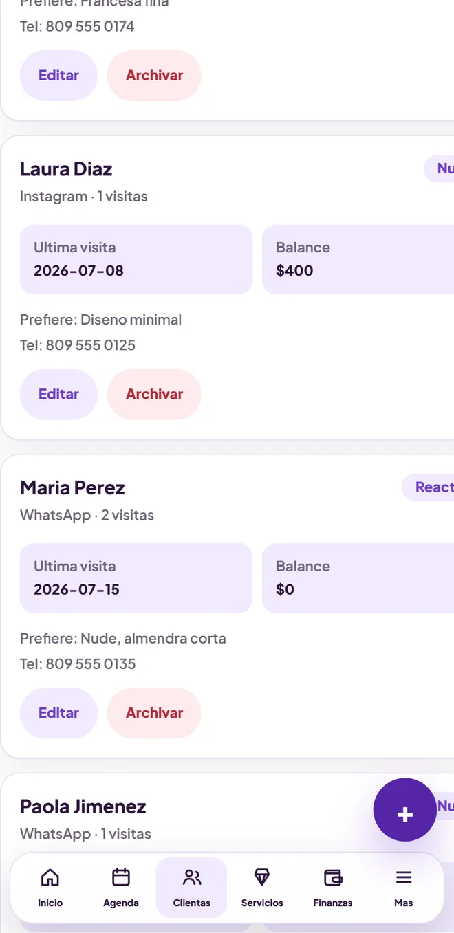 Pantalla de Perfil de clienta en Nailia